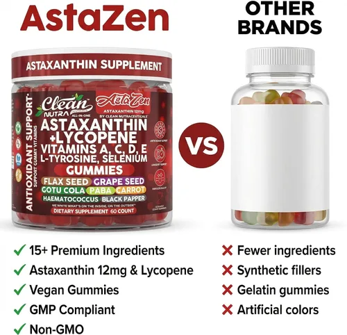 Vista 7 de Clean Nutraceuticals AstaZen - Gomitas de astaxantina de 12 mg - con licopeno, vitaminas A C D E, L-tirosina y selenio - Gomitas de apoyo