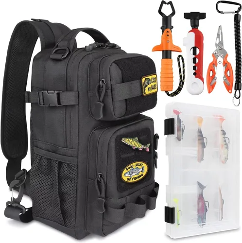 Vista 9 de Dovesun Mochila de pesca pequeña con cajas de aparejos, bolsa de pesca con parches bordados de bricolaje, bolsa de aparejos de regalo para hombres