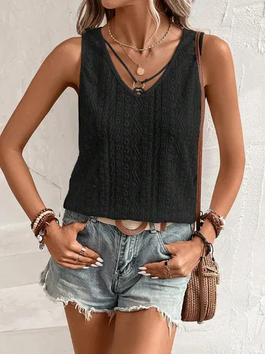 Vista 5 de SweatyRocks Camiseta sin mangas con cuello en V para mujer, con bordado, con ojales