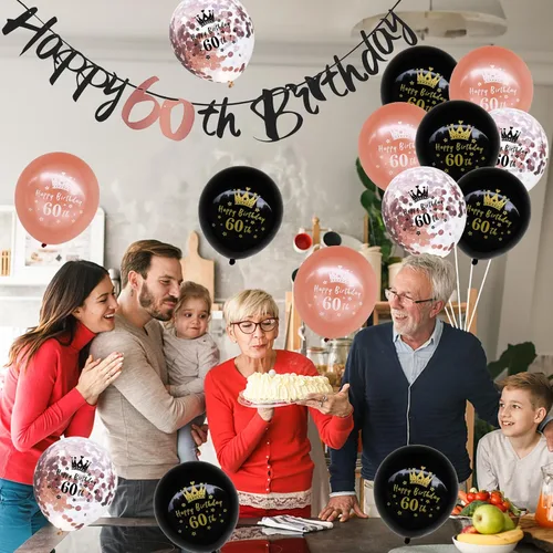 Vista 6 de Kit de decoración de cumpleaños número 60, 16 piezas de decoraciones de cumpleaños de oro rosa negro con banderines de feliz cumpleaños 60, globos