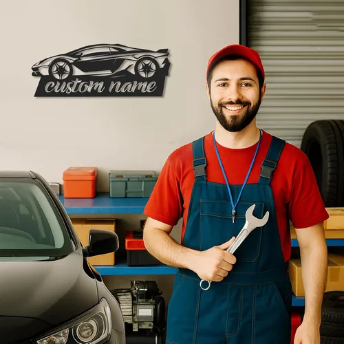 Vista 3 de Letreros de garaje personalizados, letrero de metal con nombre personalizado para taller, letreros de taller de diseño de automóviles, arte de pared