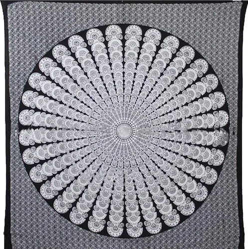 Vista 2 de Tapiz hippie indio bohemio psicodélico dorado azul pavo real mandala colgante en la pared (negro blanco, Queen (84 x 90 pulgadas) (84.6 x 90.6 in)