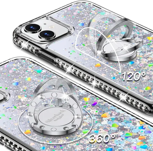 Vista 3 de Silverback Funda para iPhone 12, iPhone 12 Pro, funda con purpurina holográfica líquida móvil con soporte, funda protectora con soporte de anillo