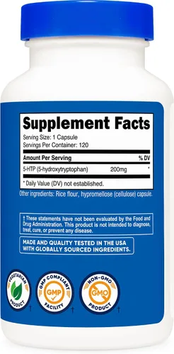 Vista 5 de Nutricost 5-HTP 200 mg, 120 cápsulas vegetarianas (5-hidroxitriptófano) - Sin OGM y sin gluten