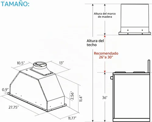 Vista 6 de Campana extractora de inserción negra de 30 pulgadas, campana de ventilación con conductos y sin conductos de 900 CFM IKTCH Stainless Steel