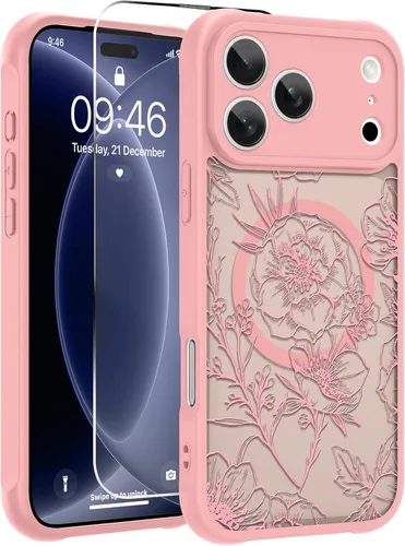 Vista 76 de OOK Funda magnética para iPhone 13 Pro Max [compatible con MagSafe] Funda delgada translúcida mate con flor silvestre negra, protección para lente