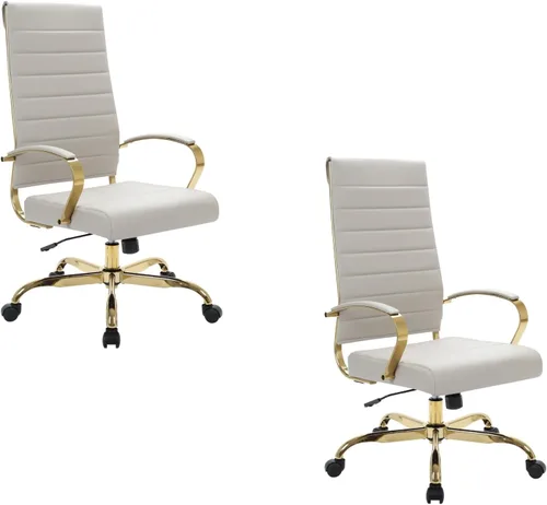 Vista 35 de LeisureMod Silla de oficina moderna de cuero con respaldo alto, silla de escritorio ejecutiva giratoria y ajustable con marco dorado, diseño Blanco