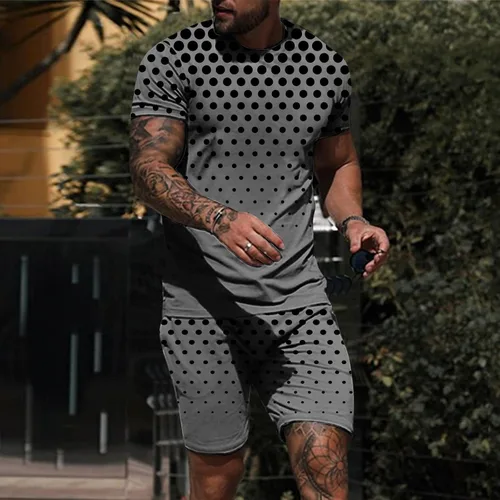 Vista 2 de ZDDO Conjunto deportivo de 2 piezas para hombre, camisetas atléticas de lunares, conjunto de pantalones cortos de verano, trajes casuales
