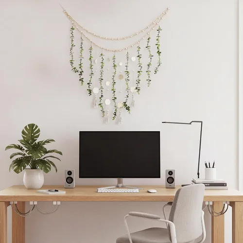 Vista 4 de Jetec Guirnalda Colgante de Eucalipto Boho para Pared de Dormitorio Grande, Guirnalda de Perlas de Madera Artificial con Vegetación Natural