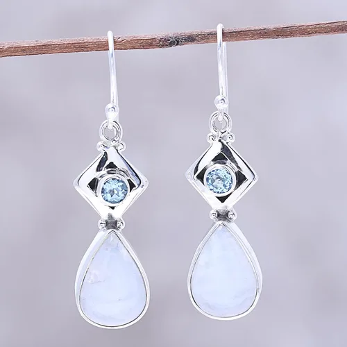 Vista 5 de NOVICA Aretes colgantes hechos a mano con piedra lunar y topacio azul, lágrima, plata de ley 925, piedra natal india 1.7 pulgadas de largo x 0.4