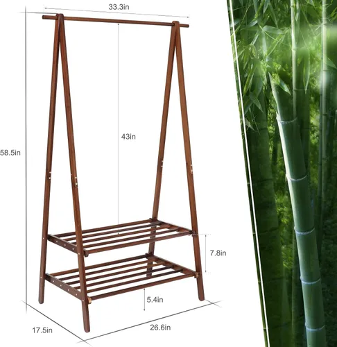 Vista 6 de Jotsport Perchero de bambú plegable para colgar ropa con estante de almacenamiento de 2 niveles para lavandería, habitación de invitados