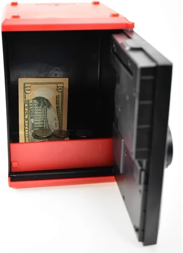Vista 5 de Caja fuerte para niños con código por huella dactilar, alcancía parlante, caja de ahorros, cajero automático, para dinero real, gran juguete