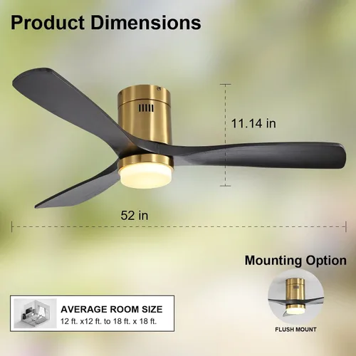 Vista 5 de Sofucor - Ventilador de techo empotrado y de varilla corta de 52 pulgadas con luz, con 3 aspas de madera maciza y control remoto, ventilador
