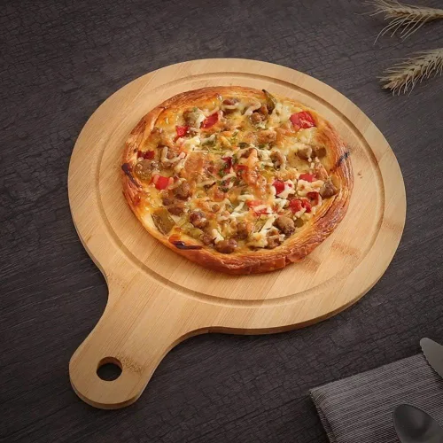 Vista 7 de Juego de tablas de cortar de bambú, 3 piezas, tablas de cortar carne, pala de pizza con mango para hornear pizza casera pan, pastel, frutas