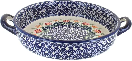 Vista 3 de Blue Rose - Cerámica pulida de margaritas rojas con asas, 9.5 pulgadas de diámetro, único, apto para lavavajillas y duradero