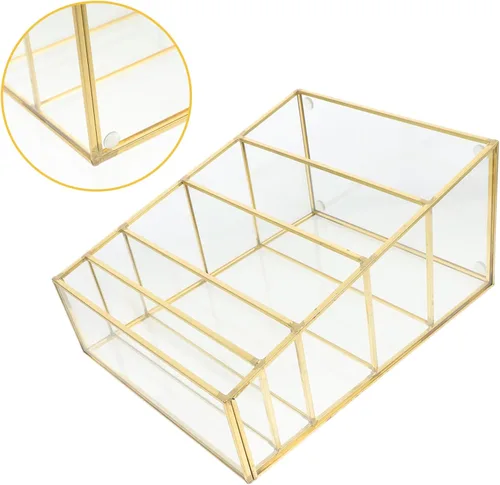 Vista 8 de Organizador de maquillaje de 5 capas, caja de almacenamiento de escritorio para lápiz labial, sombra de ojos, cosméticos, estética, cobre y vidrio