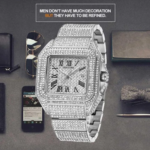 Vista 6 de Gosasa Reloj de Moda Hip Hop para Hombre, con Detalles de Cristal, Reloj Bling Bling, Caja Rectangular, Correa de Pulsera de Acero Inoxidable, Reloj