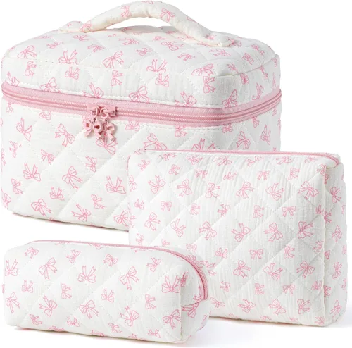 Vista 23 de HBselect Bolsa de Maquillaje Acolchada, 3 Piezas de Gran Bolsa de Maquillaje de Viaje de Algodón, Linda Bolsa de Maquillaje Floral Coquette, Bolsa