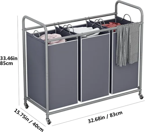 Vista 6 de LINZINAR Clasificador de ropa sucia de 3 bolsas, carrito de lavandería con ruedas enrollables resistentes y bolsas extraíbles (gris) Laundry Room