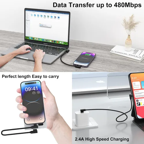 Vista 5 de Cargador para iPhone de 1 pie y 90 grados, 2 unidades, con certificación MFi, cable Lightning corto en ángulo recto, cable de carga rápida para Negro