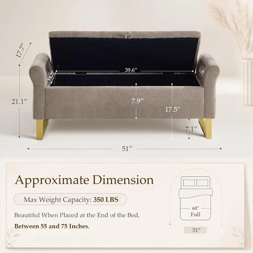 Vista 2 de Banco de almacenamiento para dormitorio, banco tapizado de almacenamiento Caqui