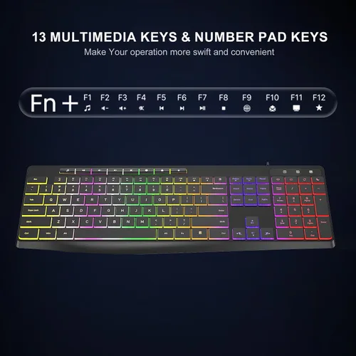 Vista 4 de Teclado de computadora con cable, retroiluminación LED arcoíris de 7 colores, teclado iluminado silencioso con teclas multimedia, teclas de chiclet