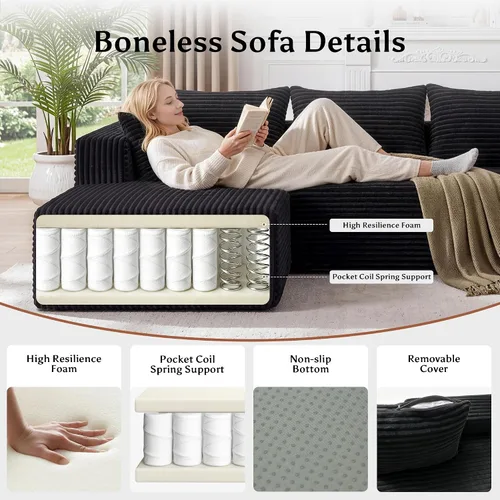 Vista 6 de Sofá modular en forma de L para sala de estar, sofá modular sin huesos con diván, sofá de pana con asiento profundo, no requiere montaje, negro