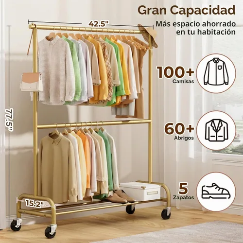 Vista 4 de MISSLO Perchero resistente para ropa con ruedas, para colgar ropa, para abrigo, vestuario, dorado (doble barra)