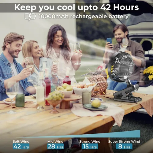 Vista 2 de Ventilador con clip de 10000 mAh, 42 h de duración, ventilador de mesa silencioso y oscilante automático, recargable con 4 velocidades potentes