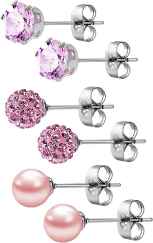 Vista 49 de JewelrieShop - Juego de aretes de tuerca de acero inoxidable con circonitas cúbicas y perlas de imitación, 3 pares de 0.236 in