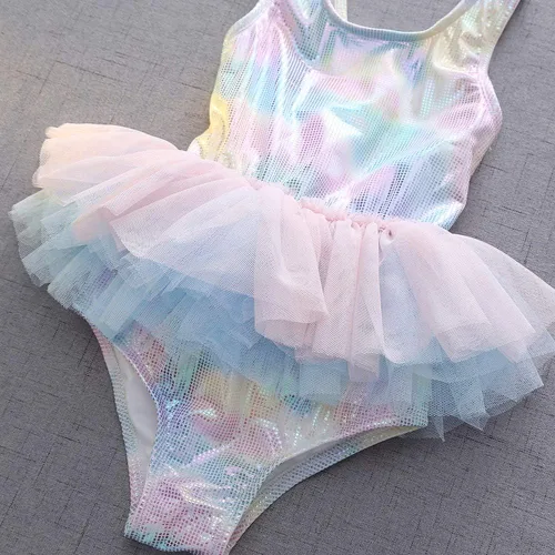 Vista 5 de HIHCBF Traje de baño de una pieza para niñas con volantes Tutú con gorra de sirena y escala ropa de playa