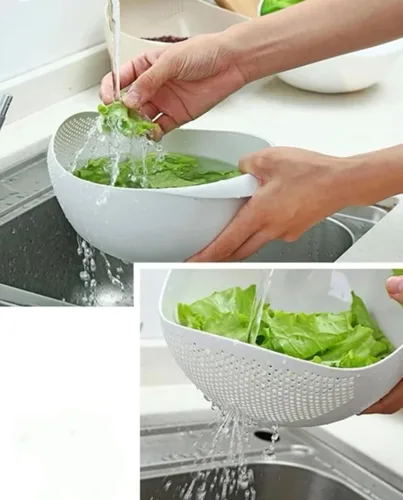 Vista 2 de Colador de arroz 2 en 1, coladores y coladores para lavadora de frijoles - Cuenco para verduras y frutas (blanco)