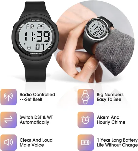 Vista 3 de Reloj Parlante Atómico se Ajusta Automáticamente para Personas con Discapacidad Visual o Personas Mayores LCD Números Grandes Fácil de Leer Reloj