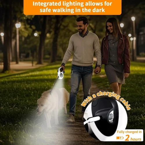 Vista 8 de Correa retráctil para perro con luz LED recargable por USB, correa resistente de 16 pies con soporte para bolsa de excrementos y cable a prueba
