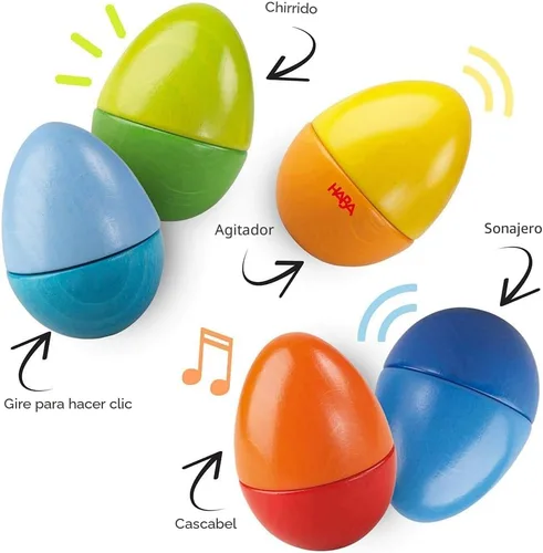 Vista 2 de Huevos musicales Haba, huevos de madera con acústica y 5 sonidos (fabricado en Alemania)