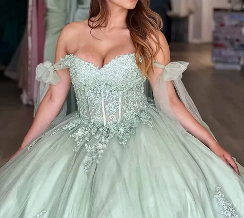 Vista 3 de Ftupza Vestidos de quinceañera con hombros descubiertos vestidos de tul hinchados para vestido de 15 años de encaje apliques vestido de fiesta Ftu01