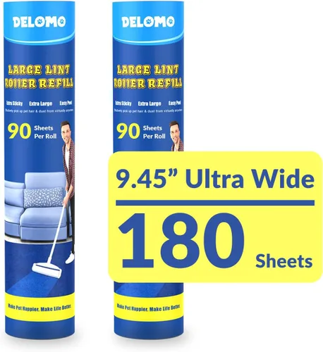 Vista 11 de Rodillos de pelusa grandes para alfombras, rodillos adhesivos para piso DELOMO de 9.45 pulgadas con 3 mangos extensibles, trapeador adhesivo