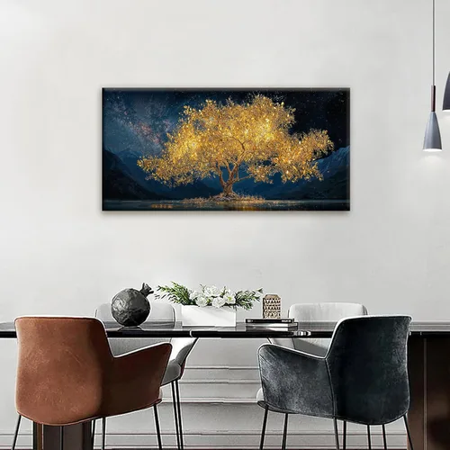 Vista 4 de Tsomzxng Arte Moderno de Lienzo para Decoración de Pared Impresiones de Pinturas Paisaje Dorado del Árbol de la Vida Impresiones de Pintura