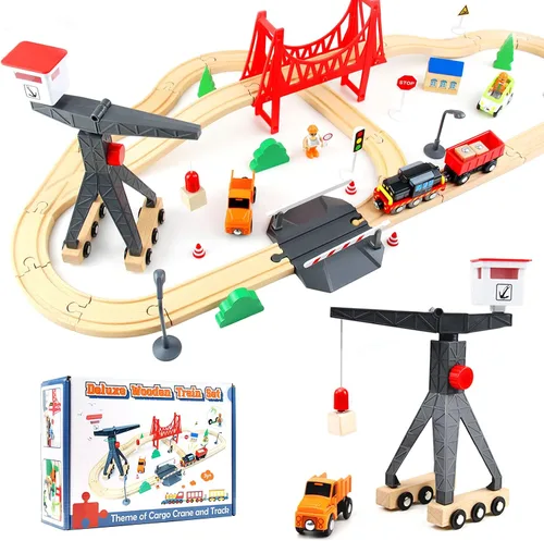 Vista 9 de WOOD CITY Juego de tren de madera, 56 piezas de lujo para niños de 2, 3, 4, 5 años, pista de tren temática de carga con grúa torre y puente