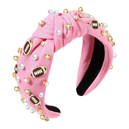 Vista 10 de Diadema de fútbol para mamá, accesorios de perlas con diamantes de imitación anudados, banda ancha para el pelo negra, diadema de nudo superior