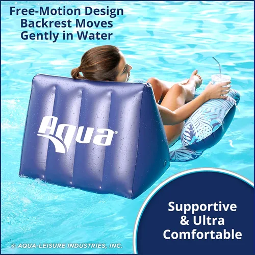 Vista 4 de Aqua Deluxe Silla de piscina con contorno, tela de lujo,piscina para sentarse al sol, flotador para adultos, alta resistencia, helechos azul/blanco.