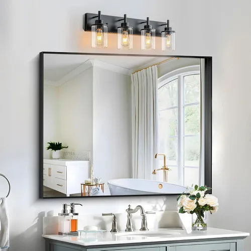 Vista 7 de GoYeel Lámparas de baño sobre espejo, luz negra mate, 4 luces, aplique de pared, lámpara de baño de casa de campo con pantalla de vidrio