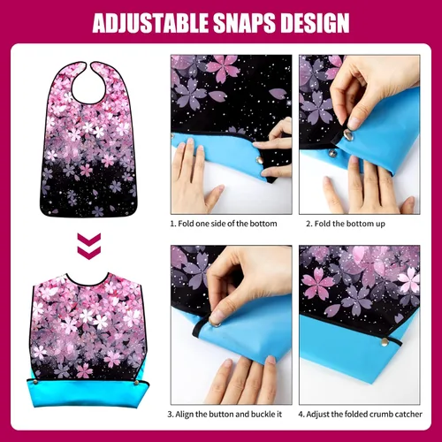 Vista 6 de Baberos para adultos, paquete de 3 baberos para adultos con flor de cerezo para mujeres, lavables con atrapa migas (negro y rosa, paquete de 3)