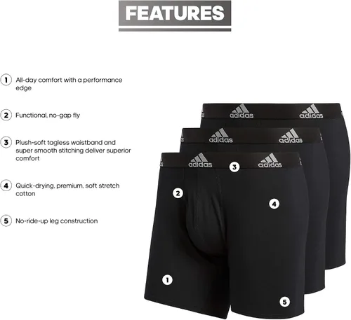 Vista 2 de adidas Calzoncillos tipo bóxer de algodón elástico para hombre, ropa interior suave y elástica, comodidad superior, paquete de 3