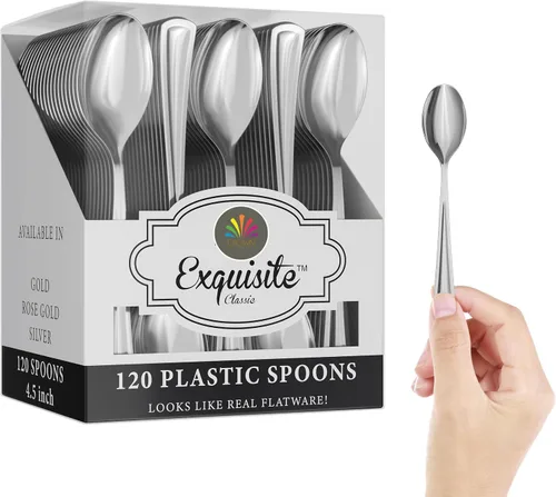Vista 8 de Exquisite Cucharas de té de plástico doradas de alta resistencia, 120 piezas de cubiertos de plástico dorado, juego de cubiertos desechables de alta