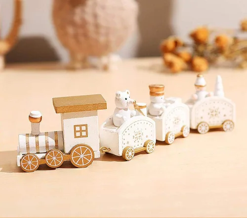 Vista 3 de Happy Trees - Tren de Navidad de madera con muñeco de nieve, mini tren de decoración para fiesta de Navidad, juguetes de adorno de tren de Navidad