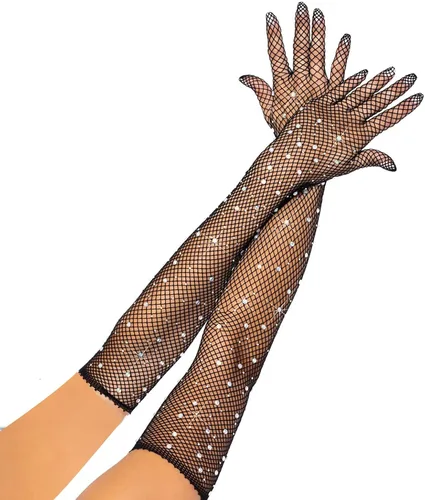 Vista 5 de Guantes de malla para mujer, guantes largos negros, guantes de encaje sexy, guantes de fiesta, guantes sin dedos, guantes de Halloween, disfraces