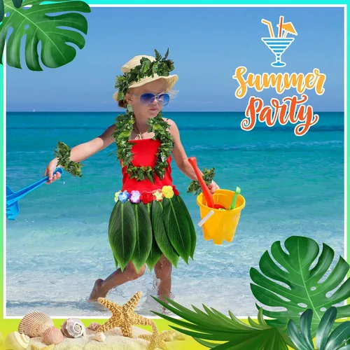 Vista 6 de 6 piezas de disfraz hawaiano de luau para mujer, incluye falda hula, top de flores, collar y pulsera para Halloween, niños y niñas, cosplay