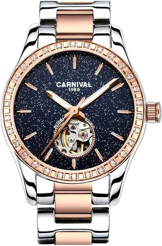 Vista 5 de Carnival Reloj de mujer con esqueleto mecánico automático, cristal de zafiro sintético, oro rosa, acero inoxidable, impermeable, color blanco