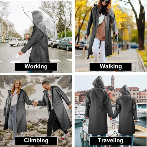 Vista 7 de LAMA Impermeable largo con capucha para mujer, impermeable de longitud completa con bolsillo y cremallera, ropa impermeable plegable, impermeable